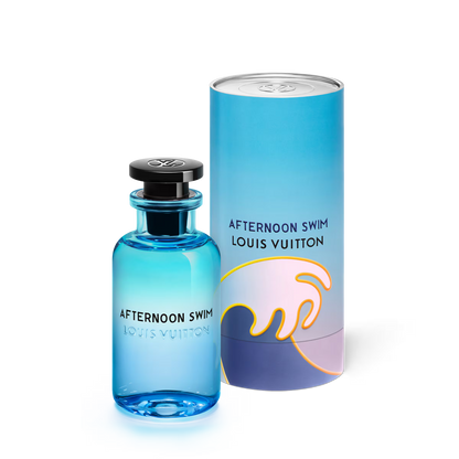 Louis Vuitton 'Afternoon Swim' perfume bottle and packaging on a white background